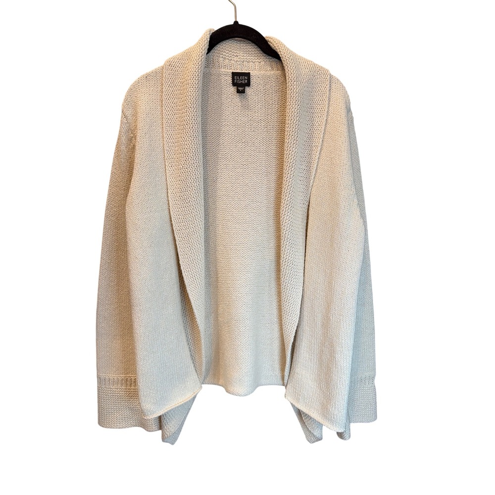 Eileen Fisher Silk Cotton Blend Open Front Cardigan Sweater Cream Ivory Large